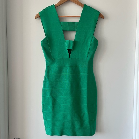 Herve Leger Women's Deep V Green Juniper Strappy Icon Dress Size S NWT - Picture 3 of 6